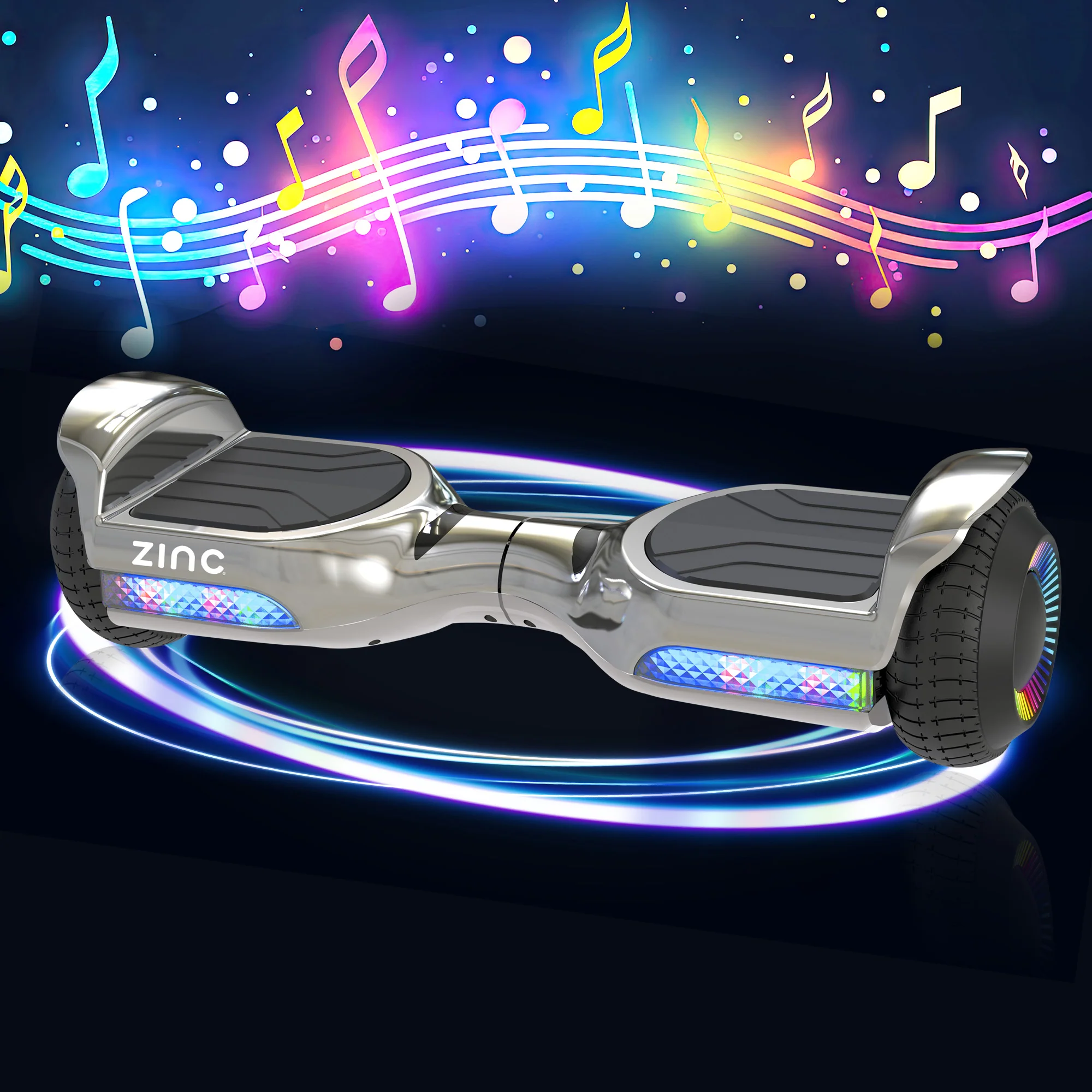 Zinc Megastar Self Balancing Chrome Hoverboard with bluetooth speaker, multi coloured LED lights and 6.3 Inch wheels - Image 3