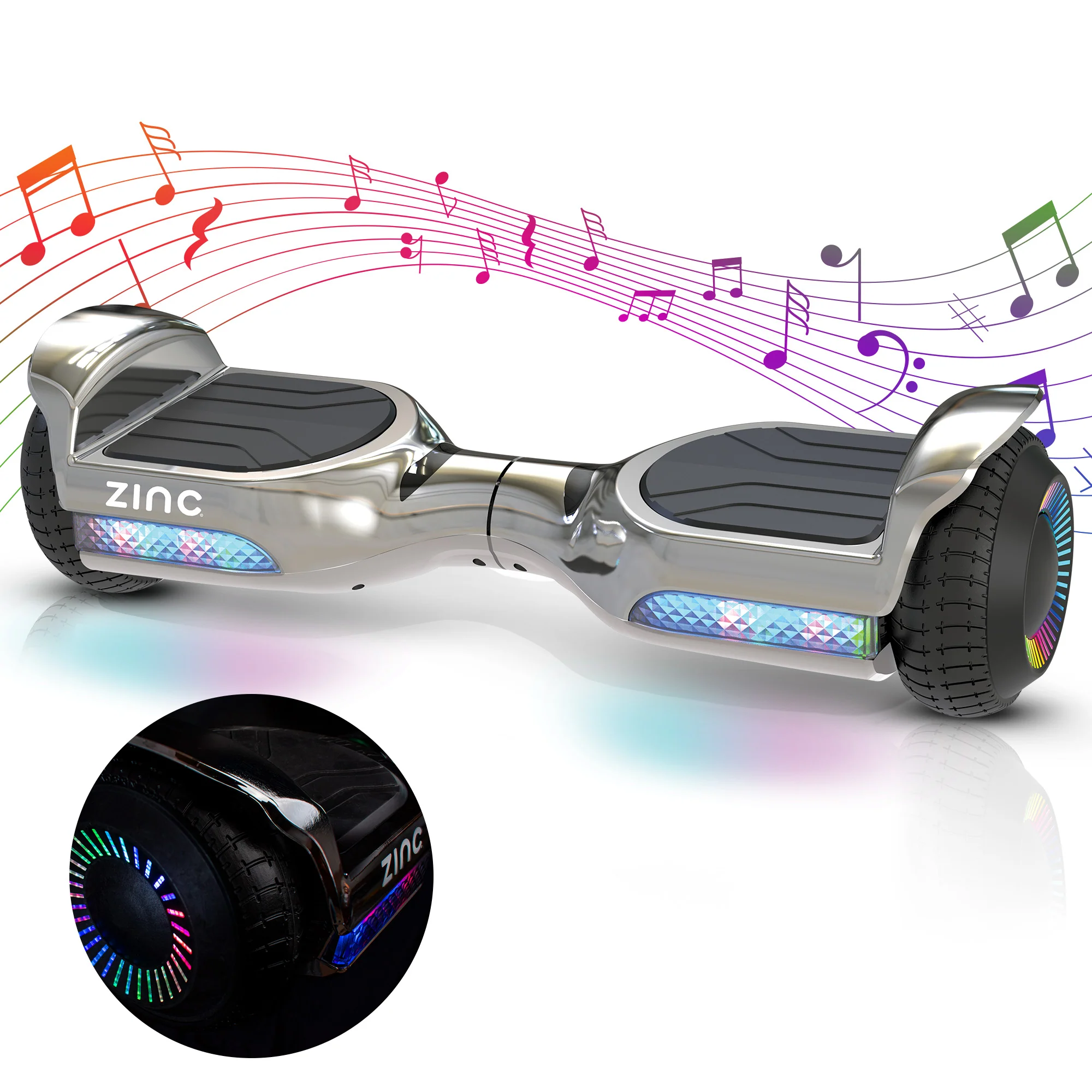 Zinc Megastar Self Balancing Chrome Hoverboard with bluetooth speaker, multi coloured LED lights and 6.3 Inch wheels - Image 4